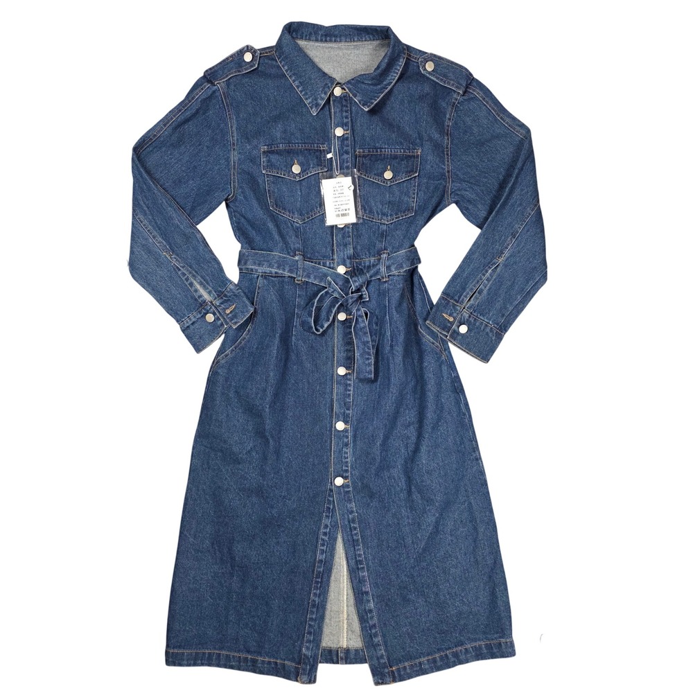 Sudaini Denim Button Down Belted Maxi Dress Womens Size L Blue NWT Indigo Boho
